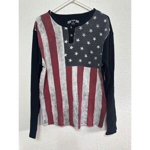 SGR Mens XL American Flag Thermal Henley Long Sleeve Waffle Knit Shirt Black USA